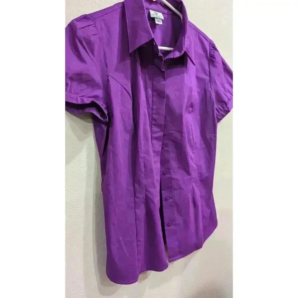 Purple short sleeve button up dress blouse, Worthington size Large - Picture 3 of 8
